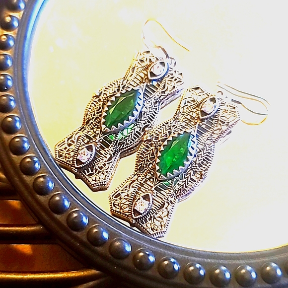 Emerald & CZ Silver Filigree Edwardian Reproduction Earrings - Picture 3 of 11